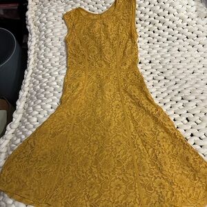 BCBGMaxAzria Mustard Yellow Lace Fit-and-Flare Midi Dress